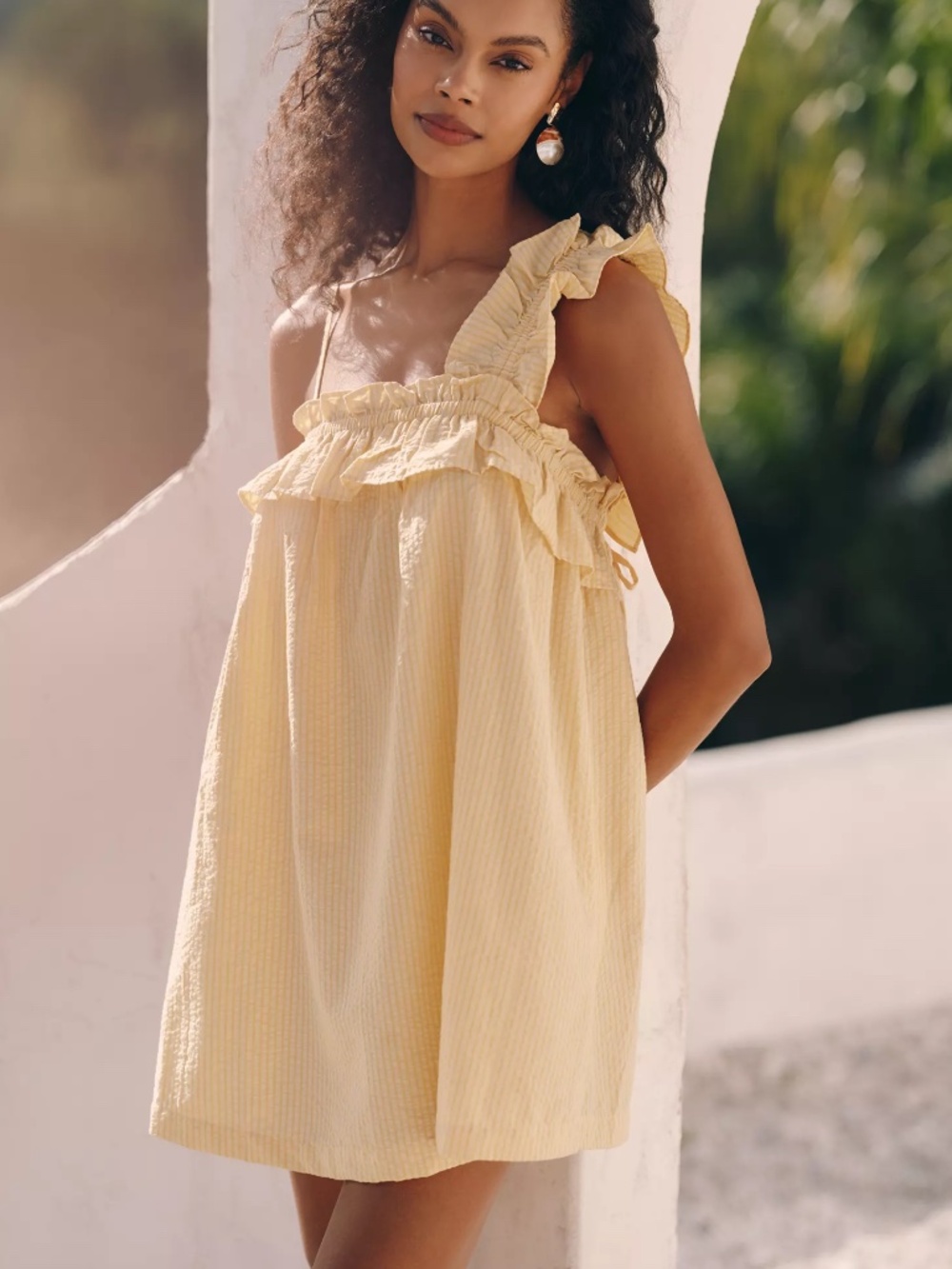 Anthropologie Celandine Ruffle Swing Mini Dress Yellow Stripe Sundress nwt L